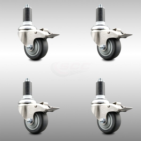 Service Caster 3 Inch 316SS Thermoplastic Rubber Swivel 1-1/4 Inch Stem Caster Set Lock Brake SCC-SS316TTLEX20S314-TPRB-114-4 - main